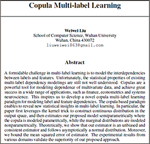 发表著名会议NIPS论文《Copula Multi-label Learning》（刘威威）
